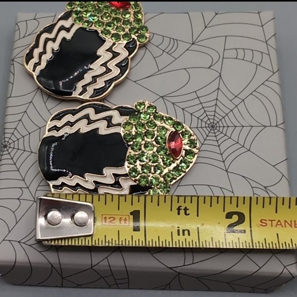 NWOT Bride of Frankenstein Earrings With Frankenstein Brooch Metallic Bejeweled - Picture 12 of 13